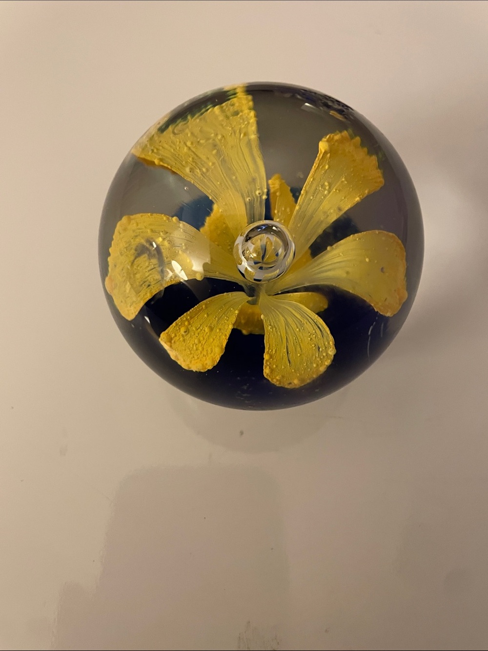 Rare Find Vintage Art Glass Paperweight with Yellow Floral Motif
